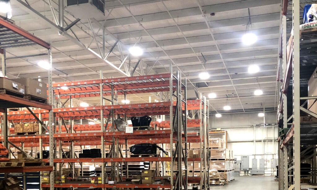 View of warehouse shelves and the warehouse lighting